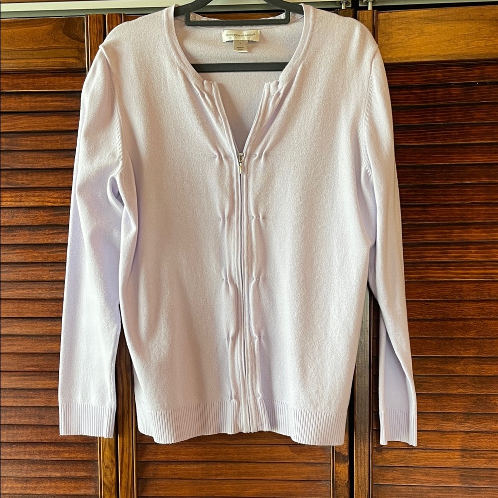 Womens zip front sweater with embellishments. Very light lilac in color, size L
